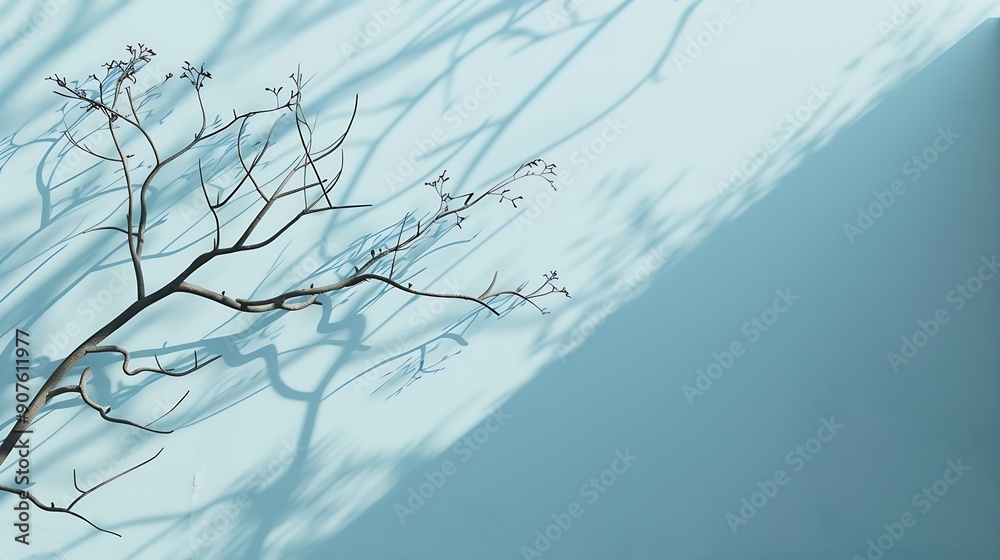 Leinwandbilder Minimalistic abstract gentle light blue background for product presentation with light and intricate shadow from tree branches on wall : Generative AI