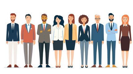 Professional team standing front view diverse businessmen businesswomen formal attire business casual various outfits mixed ethnicity middleaged young adults isolated white background Group
