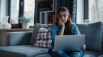 Naklejka premium Distracted from work worried young woman sitting on couch with laptop thinking of problems Pensive unmotivated lady looking at window feeling lack of energy doing remote freelance task : Generative AI