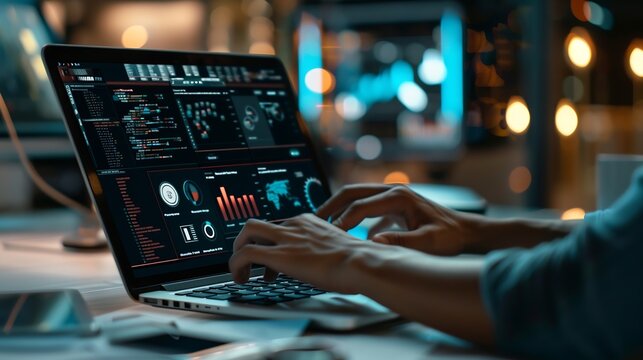 Businessman use laptop with operations management technology related to business processes and workflows high performance monitoring and evaluation Automation concept : Generative AI