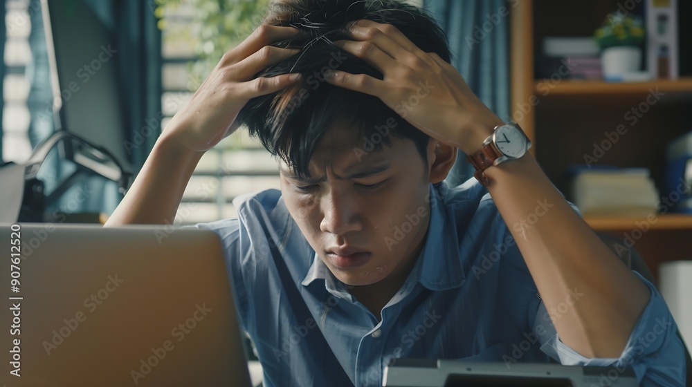 Poster frustrated asian young businessman worker working on table in office busy employee worker people fee