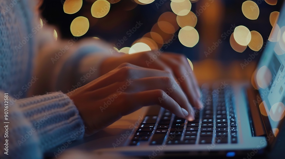 Aufkleber Person hands and typing on laptop in office for email spreadsheet and proposal or application for work Woman online and technology with bokeh for task or drafting writing notes and rep : Generative AI