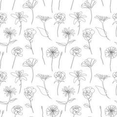 Seamless pattern with hand drawn flowers. Abstract floral background.