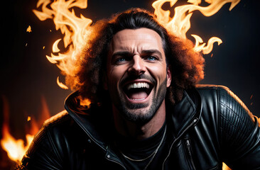 insane man with infernal laugh in front of fire flames, horror or fantasy film scene