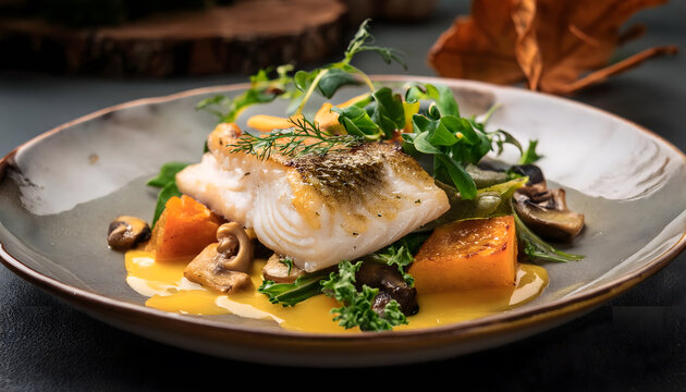 fisch, skrei, kabeljau, winterkabeljau, mit, k&uuml;rbis, gem&uuml;se, auf, Safran, butter, wei&szlig;wein, sauce, pilze, gourmet, deli, photo, makro, anlasser, deli, gastronomie, restaurant, gericht, mahlzeit, sch&ouml;n