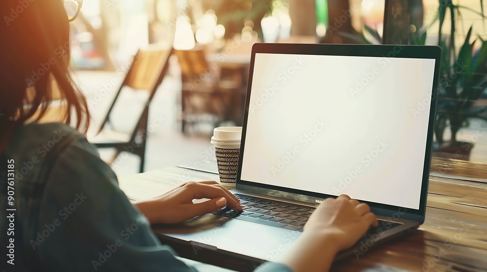 Aufkleber Mockup image of a woman working on laptop computer with blank white desktop screen while drinking coffee in cafe : Generative AI