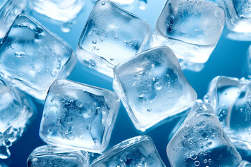 Ice cubes with water drops scattered on a blue background, top view.