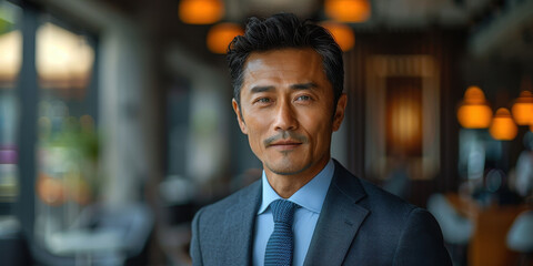 A confident businessman in a suit standing outdoors in an urban setting, with bokeh lights and a modern background.