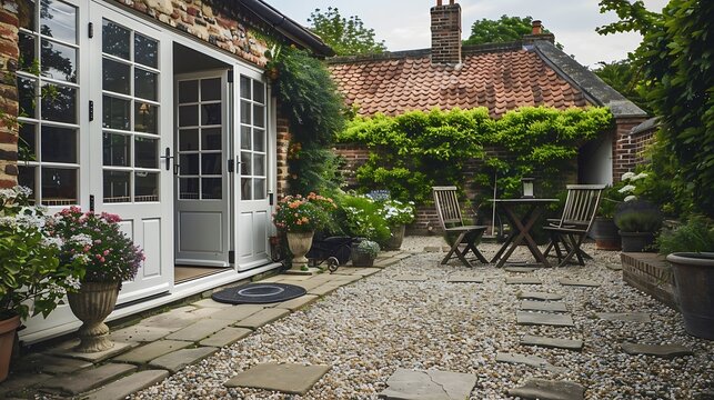 UK house and garden with patio and French doors Cottage or courtyard garden backyard with gravel and York stone paving : Generative AI