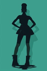 Minimalism illustration, a Black woman, wearing a high-necked velvet dress with fishnet stockings and platform boots, with her hands on her hips, gothic woman fashion, flat illustration 