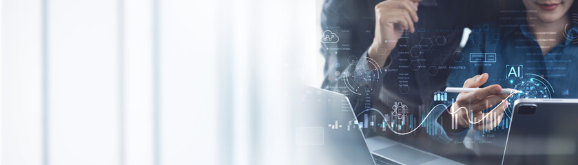 Big data analytics with AI technology. Data analyst analyzing and visualizing information network...