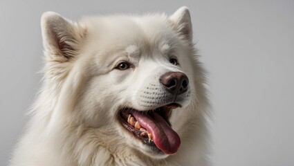Fluffy white dog with pink tongue hanging out and smile.