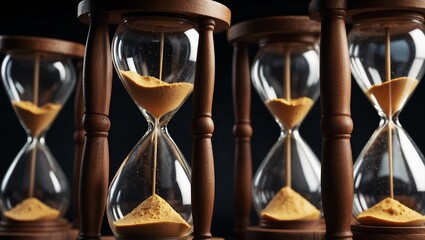Multiple wooden sand timers measuring time with golden sand