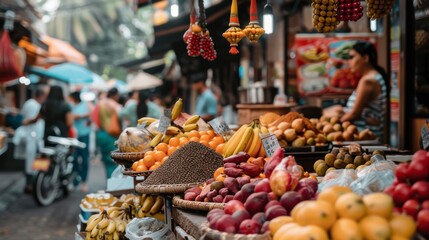 Vibrant fruit stall bustling with shoppers enjoying an afternoon in a lively city market