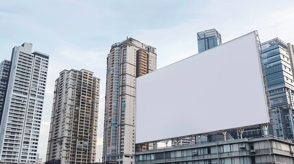 Obraz premium Blank white billboard on city buildings background at daytime front view Mockup advertising concept : Generative AI