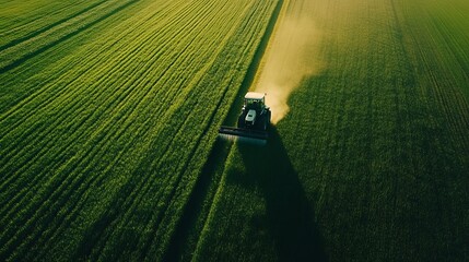 Aerial shot of a tractor with a sprayer operating on a vibrant green wheat farm
