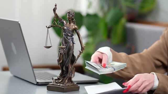 A woman lawyer receives money, highlighting legal services or a bribe. A compelling image for illustrating legal affairs, finance, and corruption, perfect for discussions on ethics and legal integrity