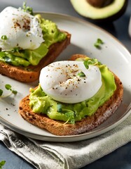 Healthy avocado toast with poached eggs