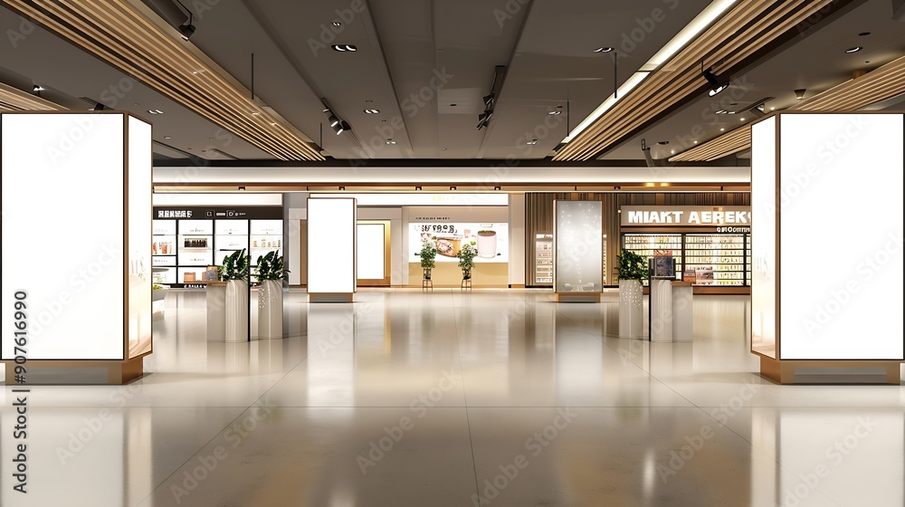 Aufkleber sign and billboard mockup at duty free shop in departure terminal to promote your business or organi