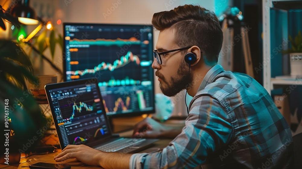 Poster man on his vlog teaching how to gain profit on exchange market : generative ai