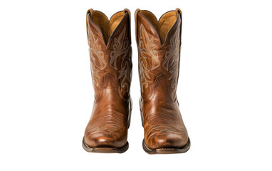 Pair of classic brown leather cowboy boots with intricate stitching cut out transparent isolated PNG