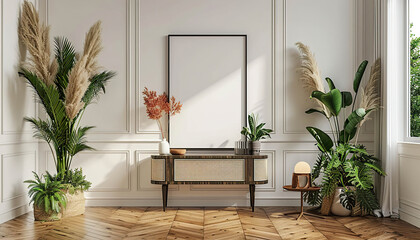 A large empty picture frame hangs above a stylish console table in a bright interior. Generated by AI.