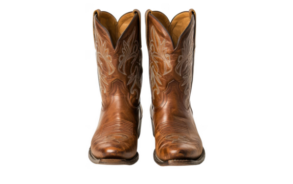 Pair of classic brown leather cowboy boots with intricate stitching cut out transparent isolated PNG