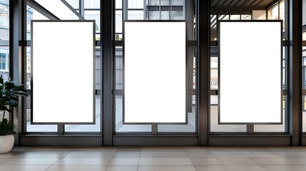 Triple Vertical digital Poster Mockup background in Sleek Modern Interior Blank white showcase screen on a wall inside an urban building Empty  advertisement display media panels for p : Generative AI