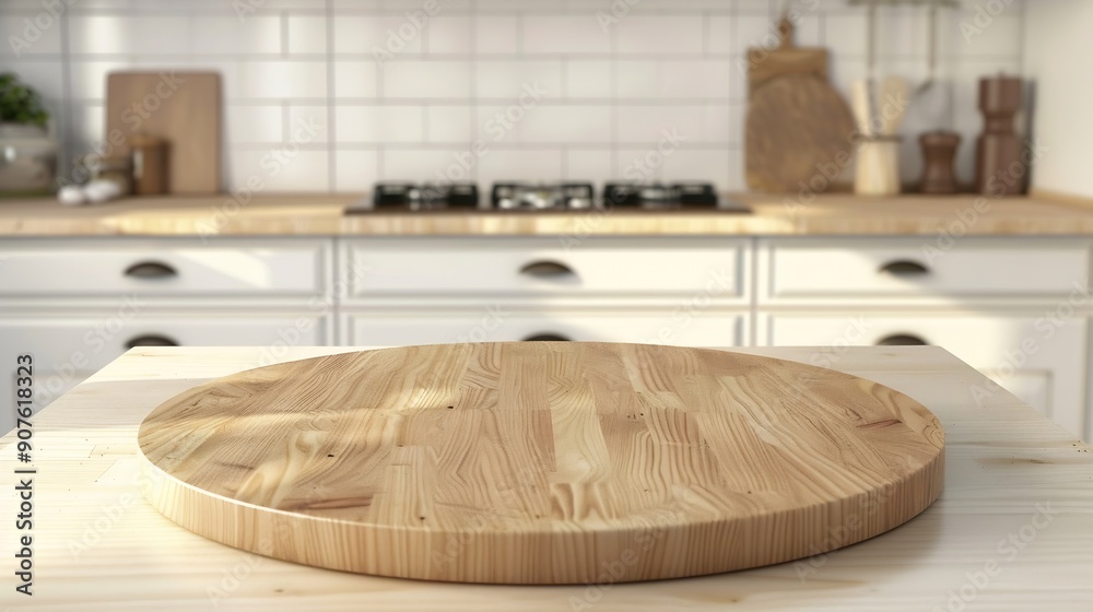 Poster empty beautiful round wood tabletop counter on interior in clean and bright kitchen background ready