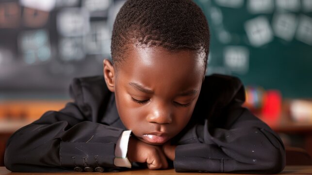 A young boy wearing a suit appears tired while resting his head on the desk in class