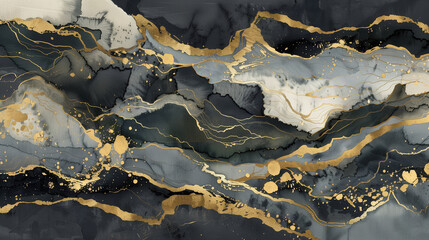 Fototapeta premium Elegant marble ink texture background with gold accents in dark tones