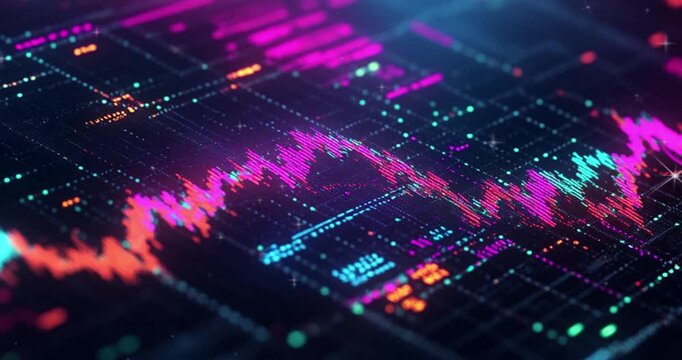 Close-up of an AI-generated trading chart displaying the stock market, with colorful candlestick patterns and trend lines on a black background.