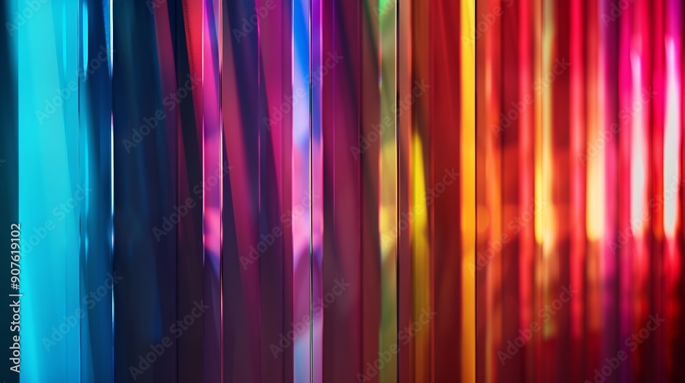 Aufkleber Abstract wave glass vertical line pattern background Texture of wavy glass illuminated with multicolored light Blurry bright backdrop for banner Soft focus image : Generative AI