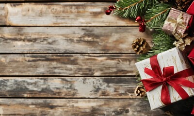 Boxes for Christmas gifts on fir branches with New Year's toys with copy space