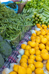 A counter with fresh ripe organic vegetables an fruits 