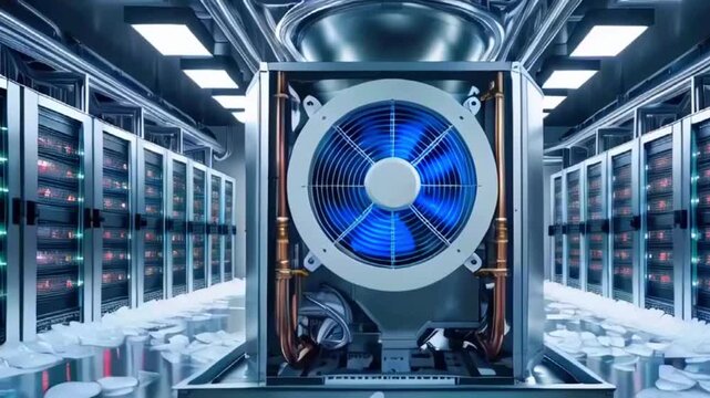 Server room with large cooling unit and ice.
