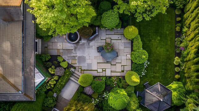 Aerial View of Lush Residential Garden with Stone Patio and Gazebo : Generative AI