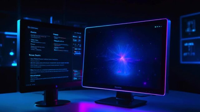 Two computer monitors with glowing blue and pink lights on a black surface.