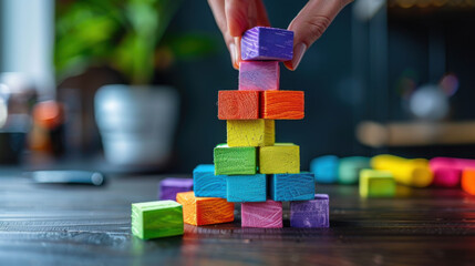 Naklejka premium A hand carefully stacking colorful wooden blocks into a tower on a table, showcasing a fun and creative activity.