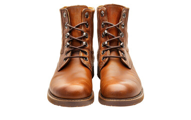 A close-up image of classic cowboy leather boots, showcasing their detailed craftsmanship, rugged texture cut out transparent isolated on white background PNG