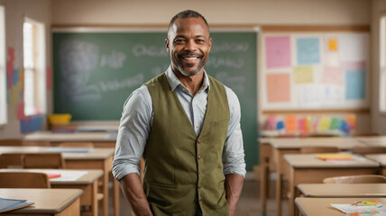 Fototapeta premium Happy African man teacher standing in school classroom on chalkboard background. Elementary school education. College professor