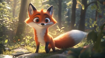 Obraz premium A whimsical animated fox with a bushy tail and large, expressive eyes, exploring a magical forest --ar 16:9