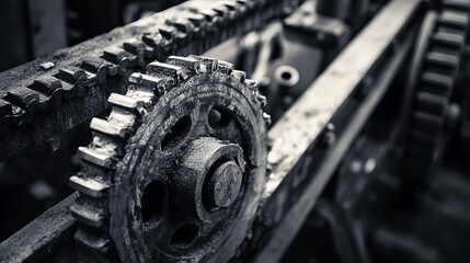 Heavy industry features old grunge steel machinery with a closeup of mechanical engineering machines in black and white suitable for background use