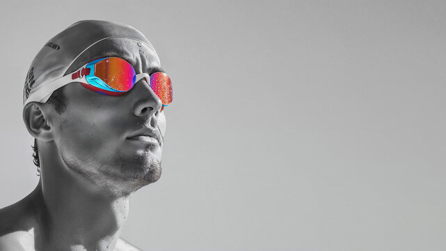 Focused male swimmer in cap and reflective goggles, monochrome with color pop