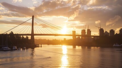 Obraz premium Sunset View of City Skyline and Suspension Bridge Golden sunset silhouetting a modern suspension bridge against a city skyline with boats on the water : Generative AI