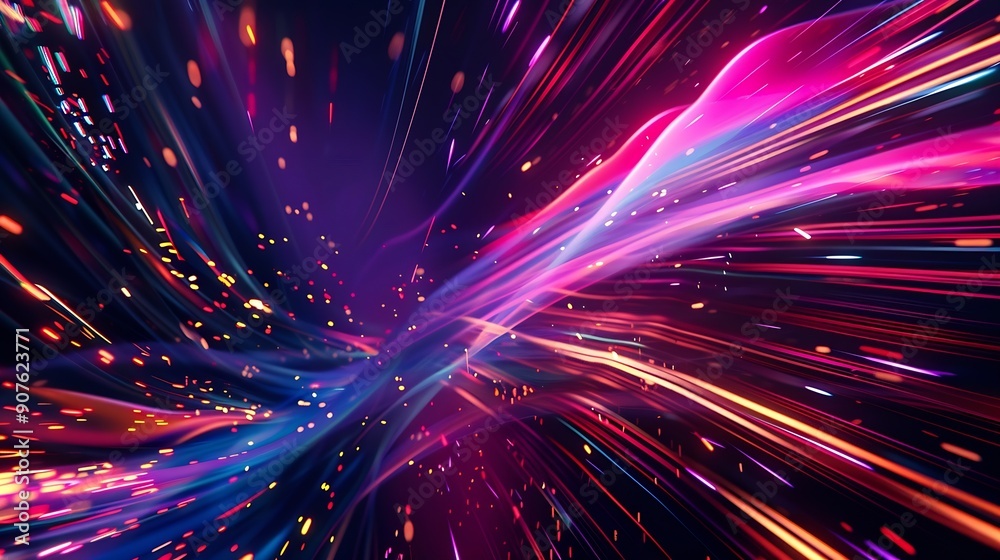 Poster Colorful motion elements with neon led illumination Abstract futuristic background : Generative AI
