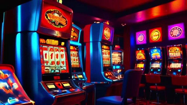 Colorful slot machines with glowing screens and red chairs in a dimly lit casino.