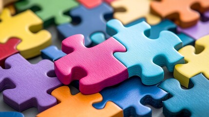 Obraz premium Colorful puzzle pieces interlocked on a surface, symbolizing problem-solving and creativity in a vibrant and dynamic way.