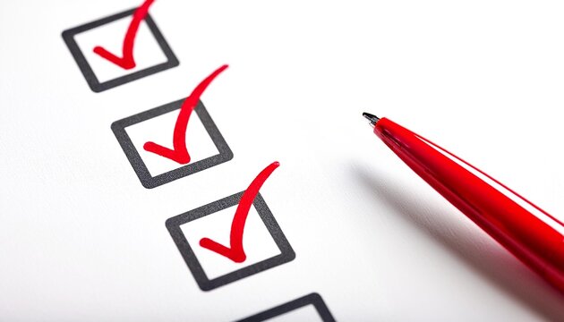 Close-up of a checklist with red check marks and a red pen, symbolizing task completion and organization in planning.