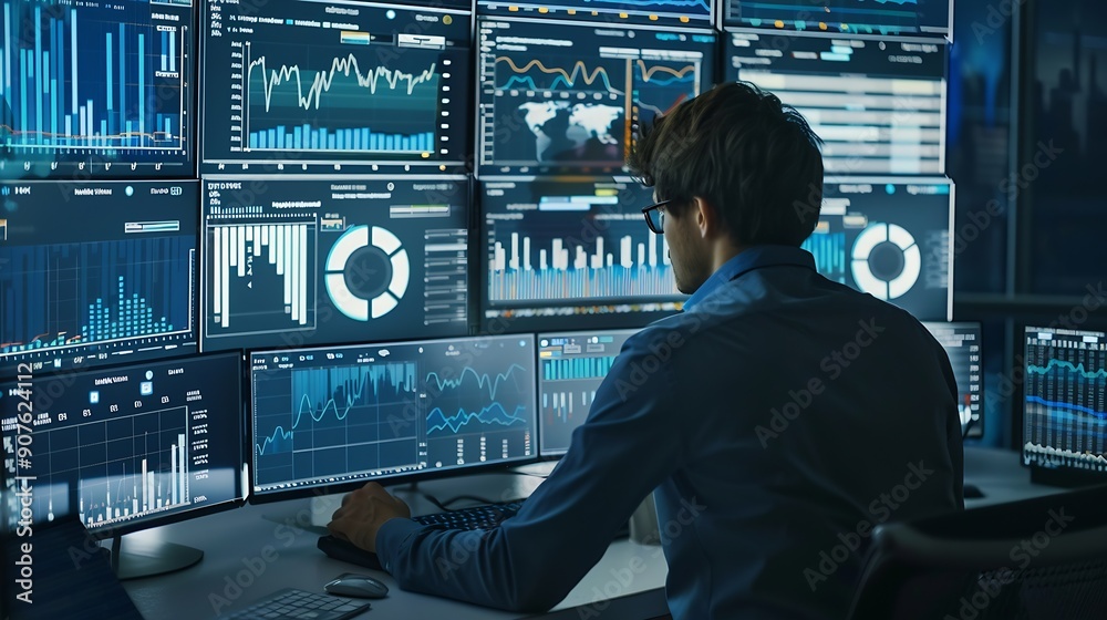 Poster An analyst uses a computer and dashboard for data business analysis and Data Management System with KPI and metrics connected to the database for technology finance operations sales ma : Generative AI